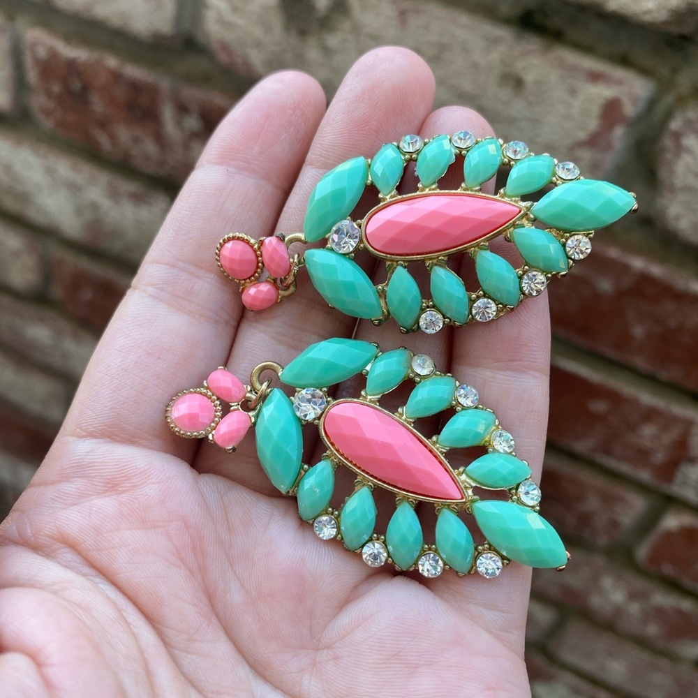 Teal and pink dangling earrings